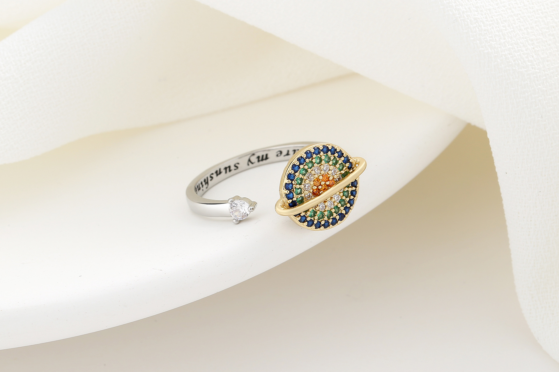 Rotating Muticolor Zircon Planet Ring Adjustable Anti-Stress Open Finger Rings